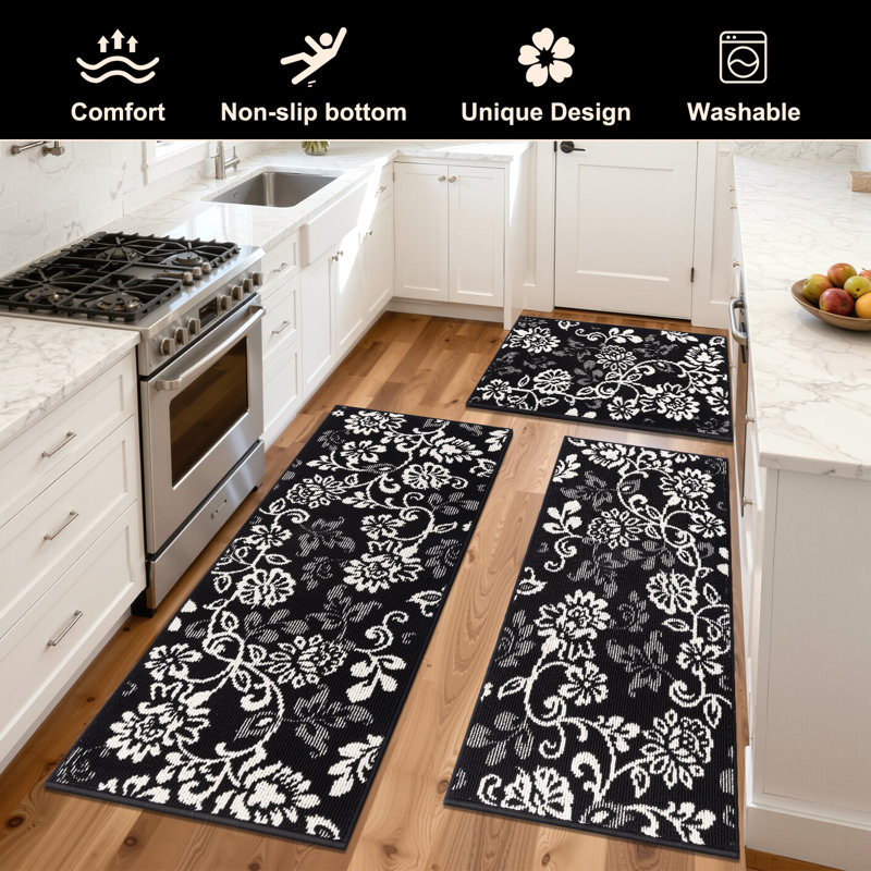 24"W Floral Non Slip Washable Kitchen Mat (Set of 3), Black