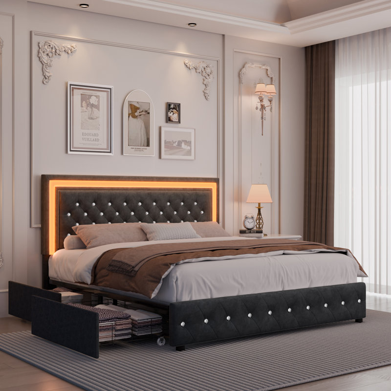 Structure de lit tapissier avec lumières DEL Rhythm Sync, tête de lit capitonnée à losange réglable, 4 tiroirs de rangement, aucun sommier requis, velours noir