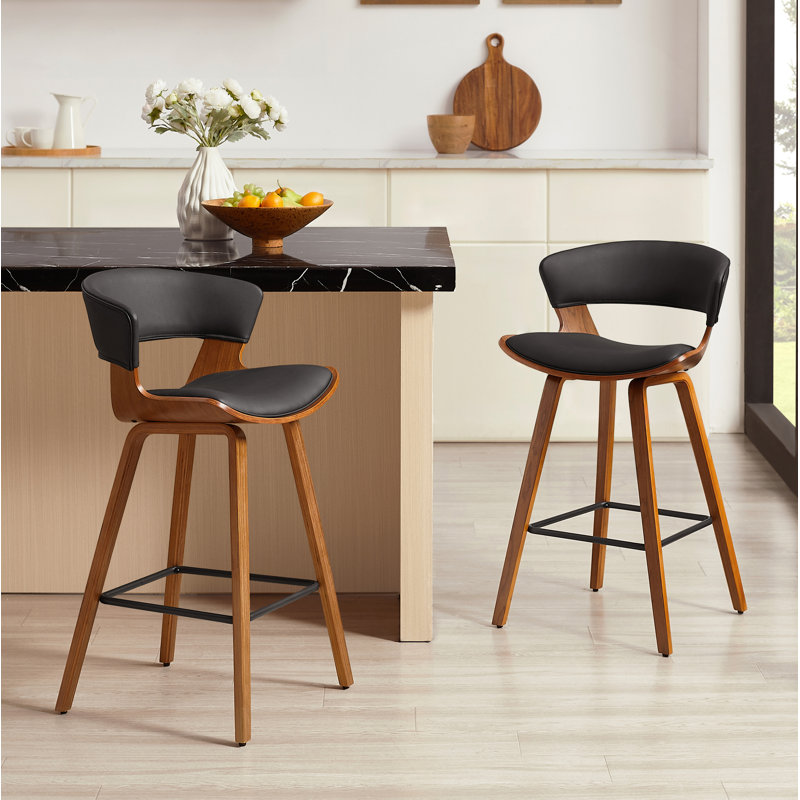 Binni PU 26.97" PU Upholstered Counter Stool with Wood Frame, Black Faux Leather, Brown