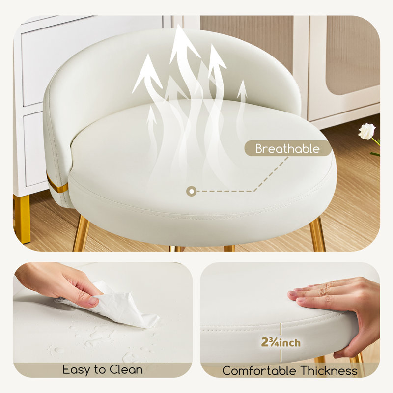 Vanity Chair with Low Back Accent Stool Makeup Chair for Bedroom Bathroom and Living Room, Faux Leather, White