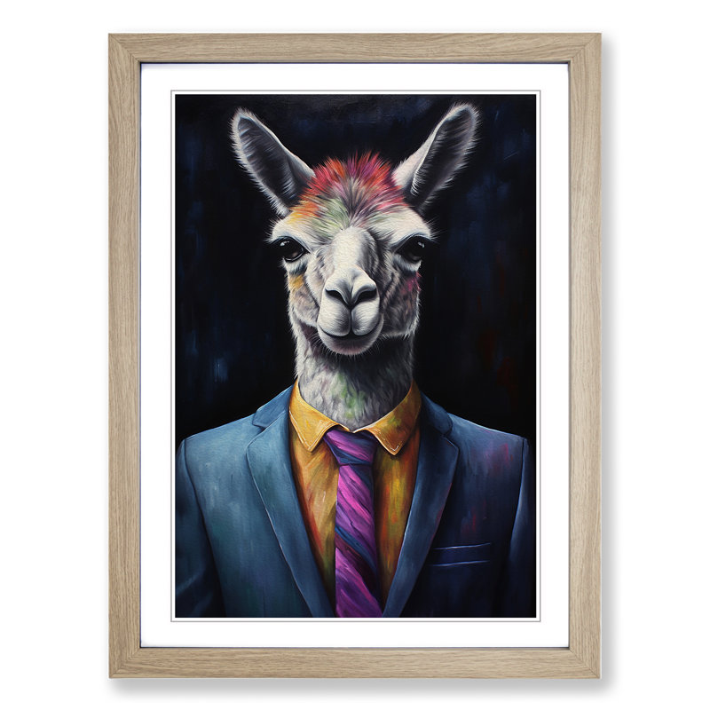 Llama In A Suit Painting No.2 - Single Picture Frame Print on Wood, Oak Framed, 46cm H x 34cm W x 2cm D