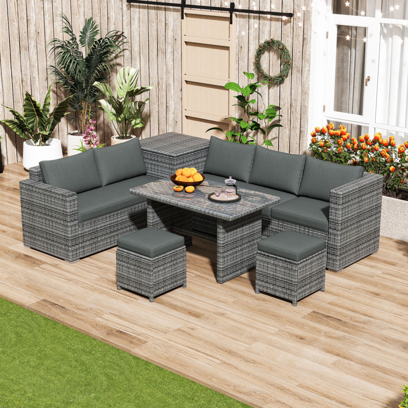 6Pcs Outdoor PE Rattan Sofa Set with Adjustable Seating, Storage Box and Tempered Glass Table, Gray, Gray