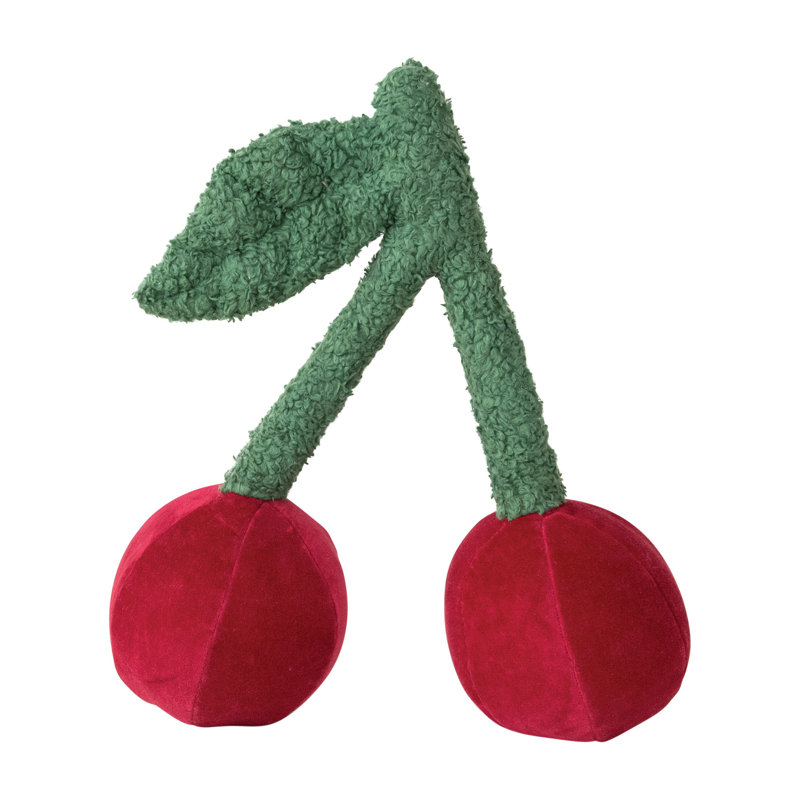 Cotton Velvet Cherry Shaped Pillow With Faux Sherpa Stem, Red And Green