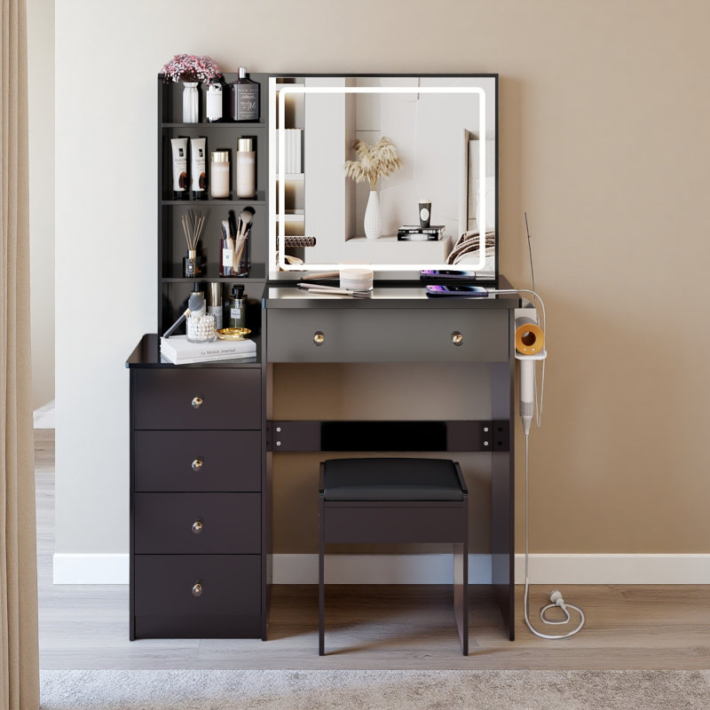 Meuble-lavabo de 37 po avec tabouret de chevet gauche + tabouret rembourré, 2 prises CA + 2 prises USB, support pour sèche-cheveux, grand miroir coulissant à DEL à commande tactile