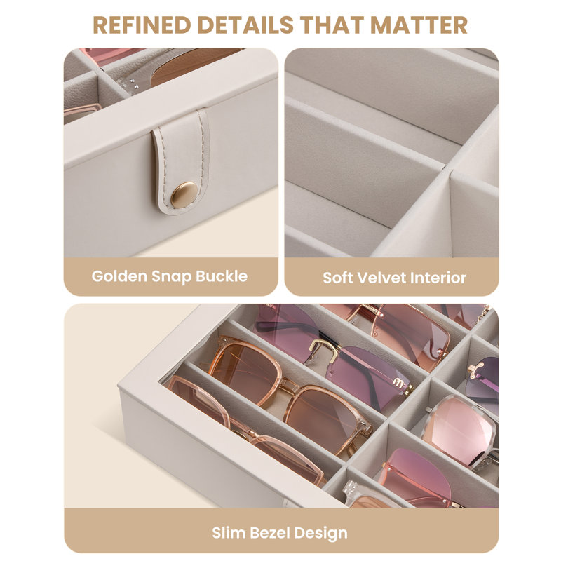 Sunglasses Display Case with Clear Lid and Streamlined Design Organizer Box, Gift for Women, 1-Layer 10 slots, Beige