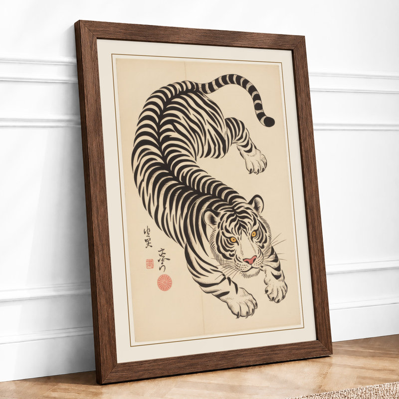 Tiger and Serpent Japandi - Framed Print, A2 - 59.4 x 42.0 cm, Walnut