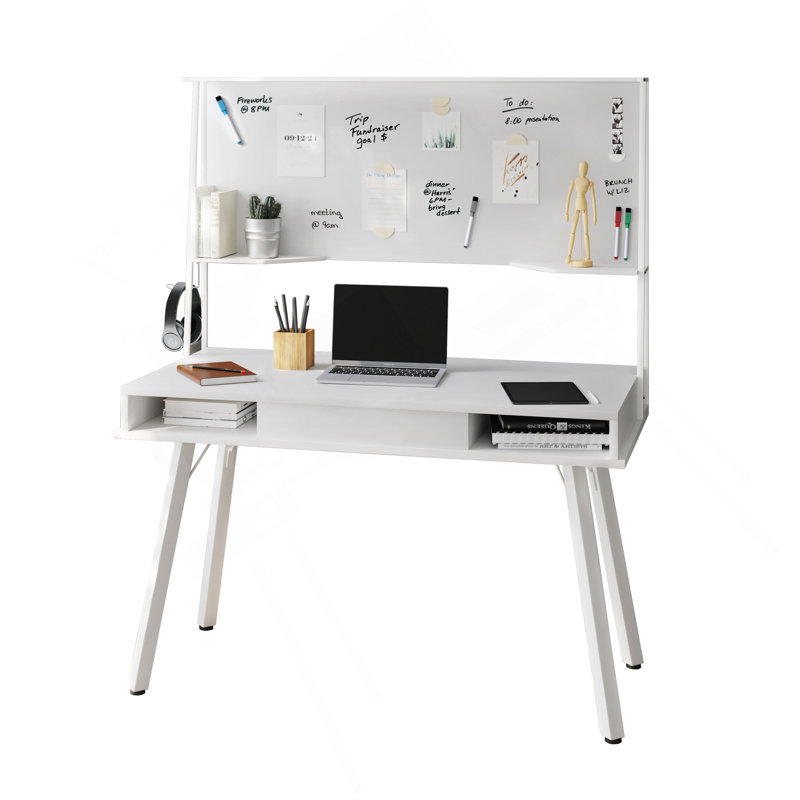 Techni Mobili Study Computer Desk With Storage  Magnetic Dry Erase White Board, White