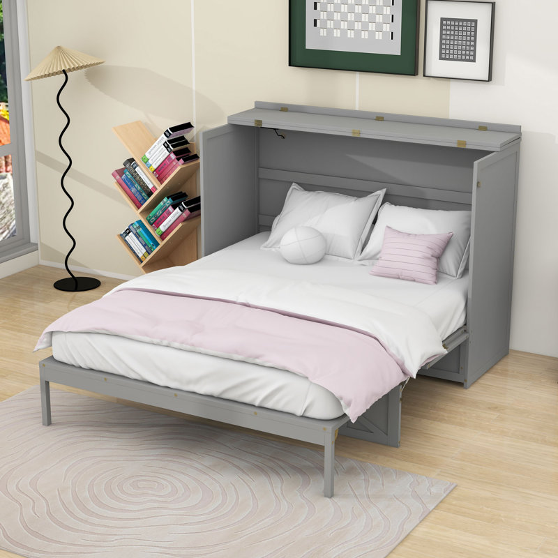 Grand lit escamotable en bois avec ports USB et tiroir, Gris brossé