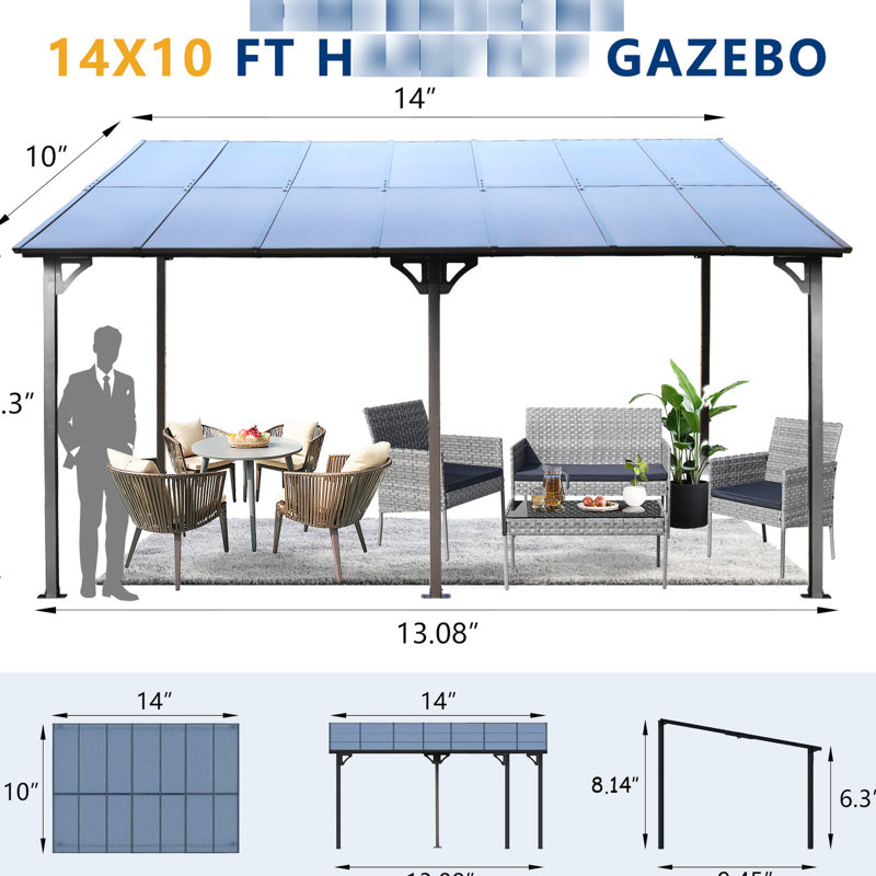 Auvent d'extérieur 10 'x 14' en métal pour terrasse, terrasse, cour, capacité de charge de neige de 4 pouces, toit solide - 14 ', cour arrière