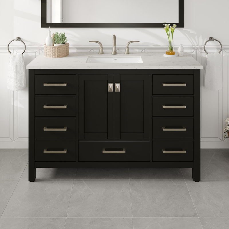 Meuble-lavabo espresso l 42 po x P 22 po avec comptoir en quartz de Carrare blanc et lavabo en porcelaine encastré Minnich