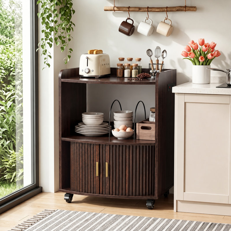 Armoire à café roulante avec prise de courant, chariot de cuisine mobile avec portes coulissantes et tablettes de rangement (l 23,62 po)