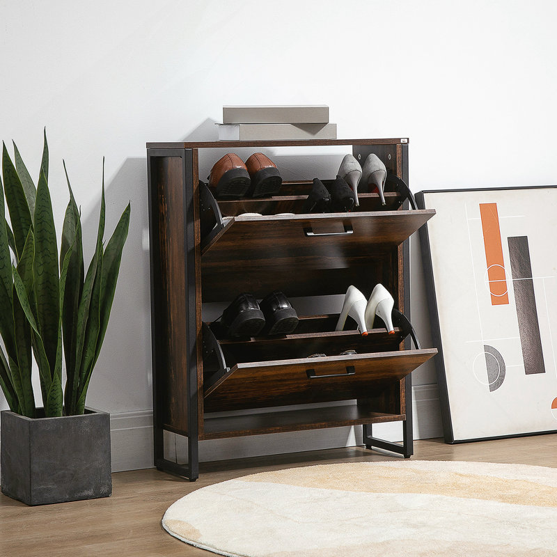Armoire à chaussures industrielle avec 2 tiroirs rabattables, armoire de rangement pour chaussures autoportante pour 12 paires