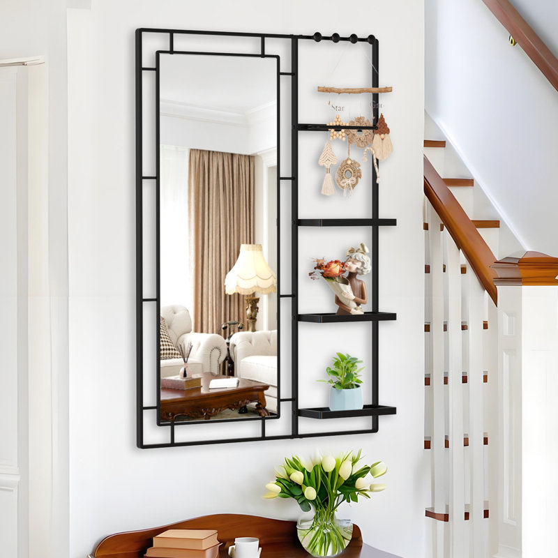 Miroir de salle de bain 30 po x 44 po avec tablette de rangement - miroir de salle de bain cadre noir, verre de chambre à coucher, rouille, grand