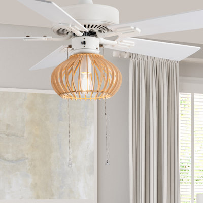 42"W LED 5-Blade White Tan Wood Caged Ceiling Fan with Light
