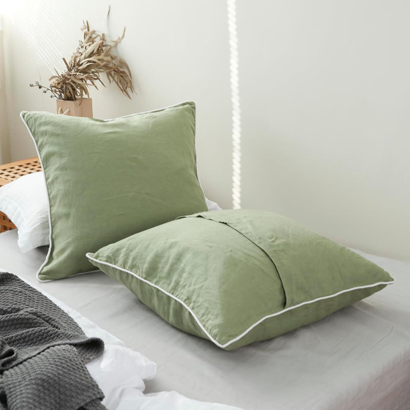Housse de coussin 100% lin avec passepoil européen, ensemble de 2 housses de coussin 26 "x 26", Vert sauge