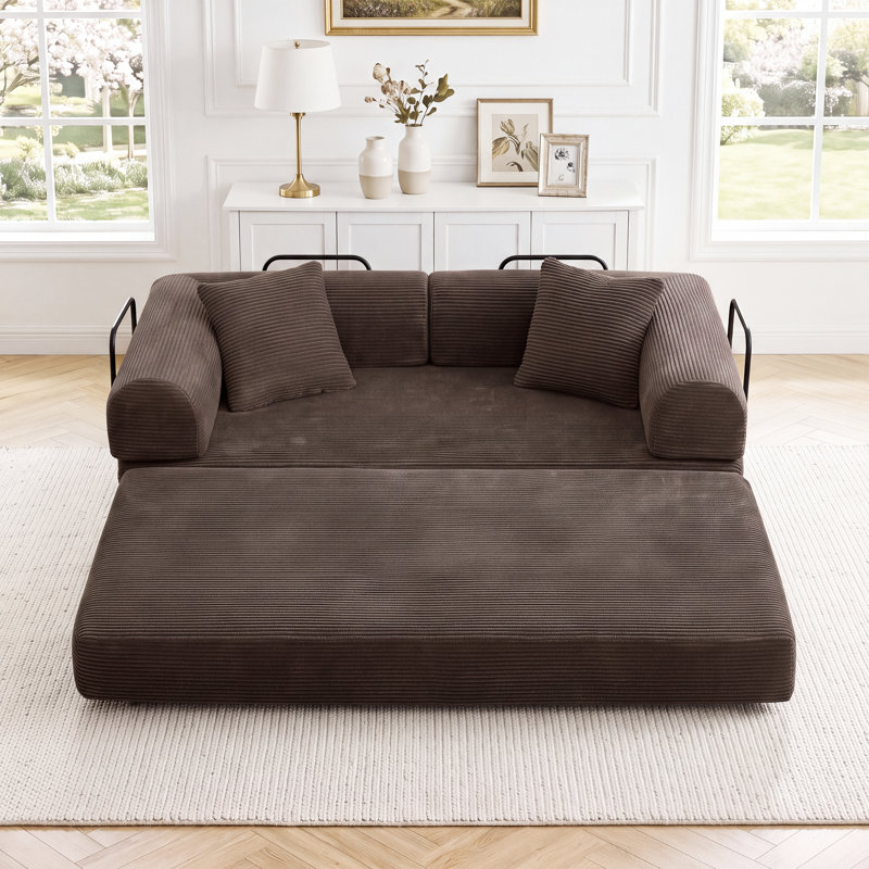 64.7" Boneless Corduroy Sleeper Sofa Bed, Modular Futon Couch, Compression Foam Sofa with 2 Pillows, No Assembly Required