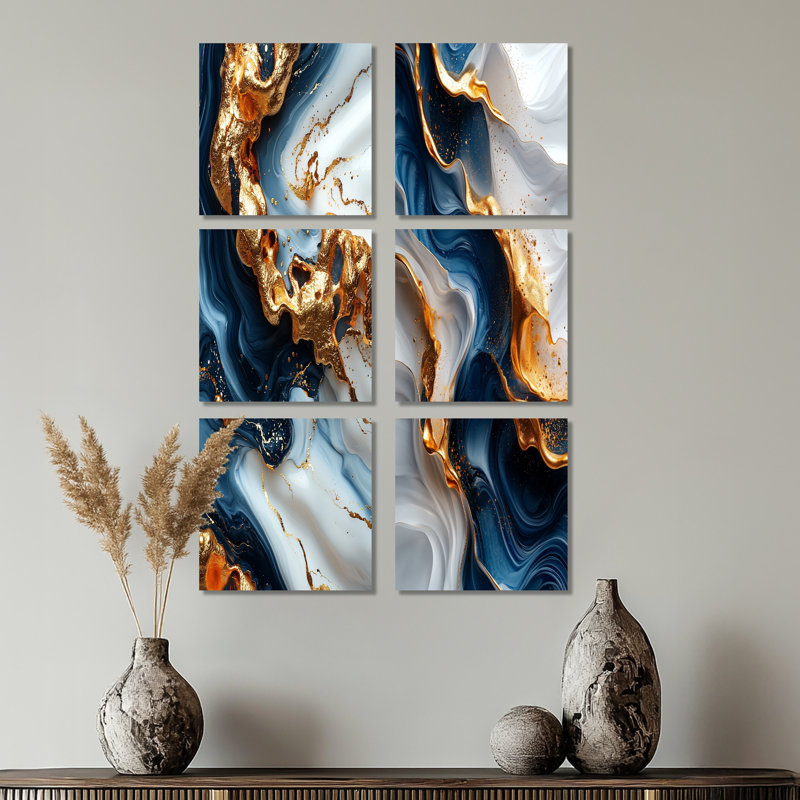 Abstrait géométrique en forme de marbre doré et bleu Iii - ensemble de 6 reproductions d'art sur toile, Toile tendue
