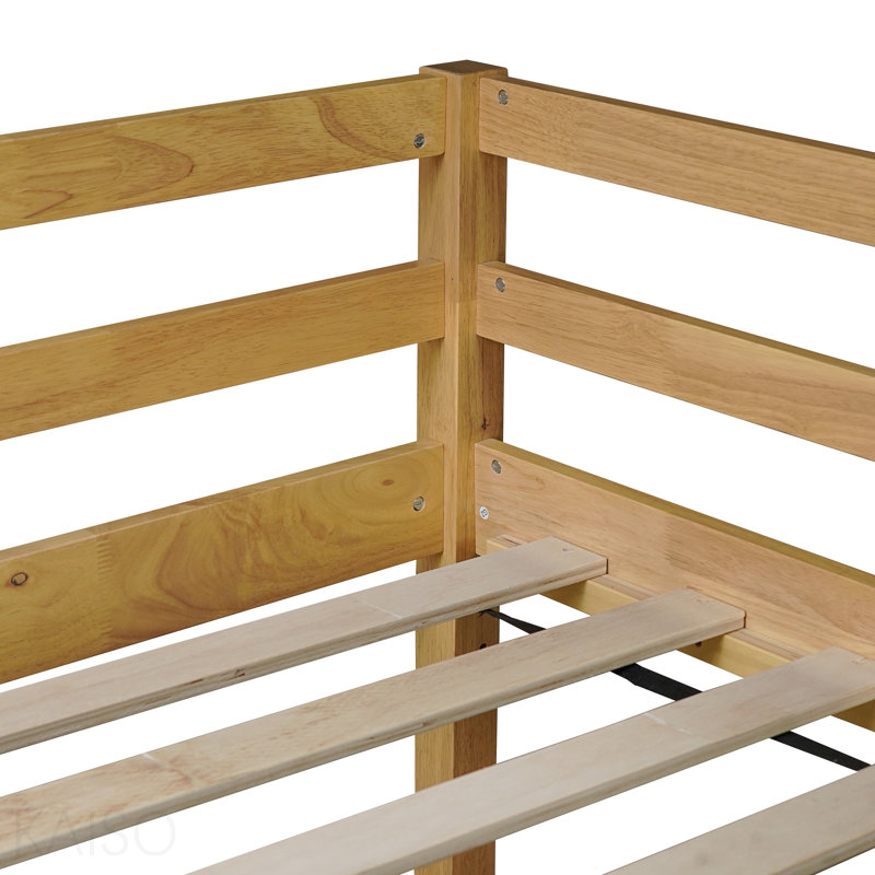 Lit simple, bois massif, mezzanine en bois d'hévéa avec échelle, plateforme de lattes renforcées, Brun