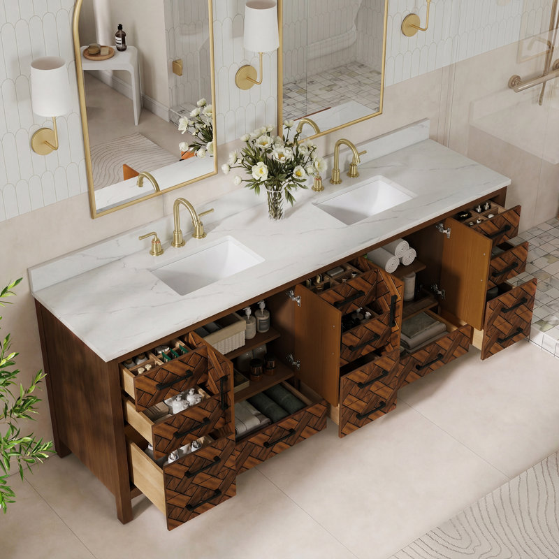 Meuble-lavabo double 84 po avec lavabo double, prise intégrée et plateau en pierre reconstituée 84 po