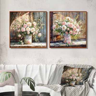 Bouquet de roses Summer Blush At The Barn I - Roses, décoration murale - art mural moderne 2 pièces