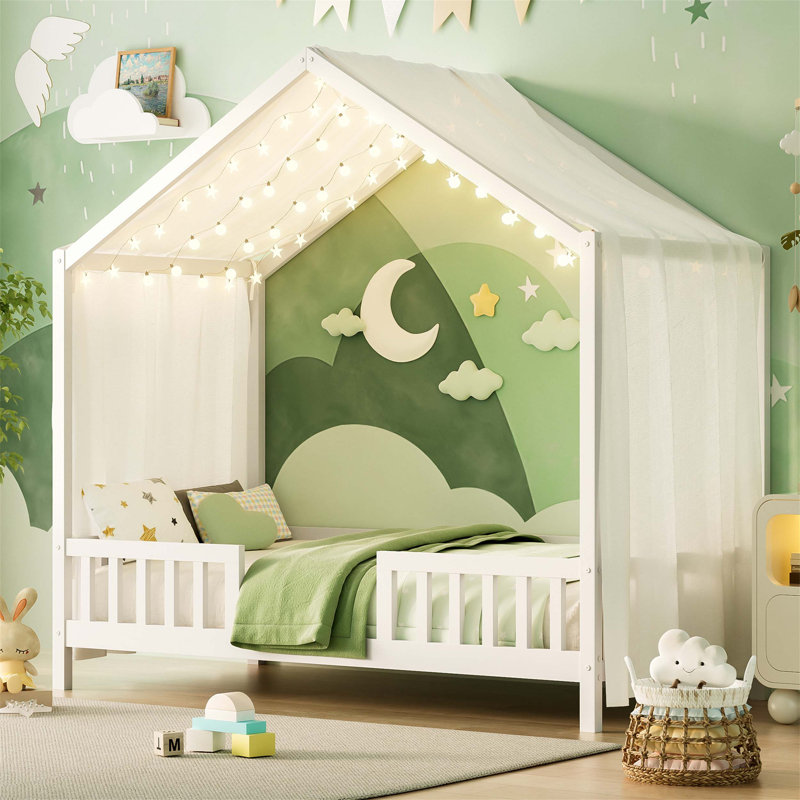 House-Shaped Wooden Kids Bed With Canopy And High Railings, Twin Size, White, Ideal For Safe And Stylish Sleep, Twin, White