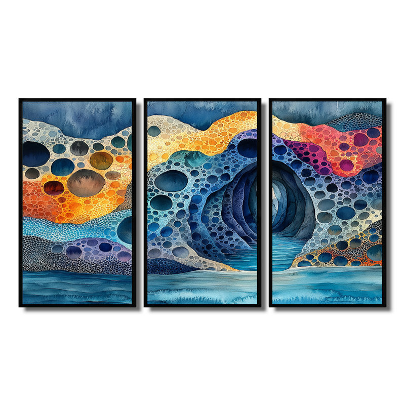Ensemble de décorations murales bleu et orange, H 28 po x l 36 po x P 1 po, Toile avec cadre flottant noir