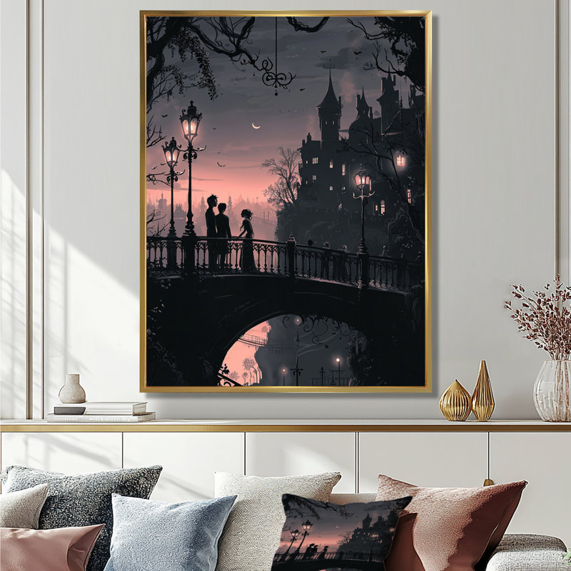 «Midnight Lantern Romantic Prague Bridge - City Buildings», reproduction d'art mural, Cadre flottant doré, H 20 po x l 12 po