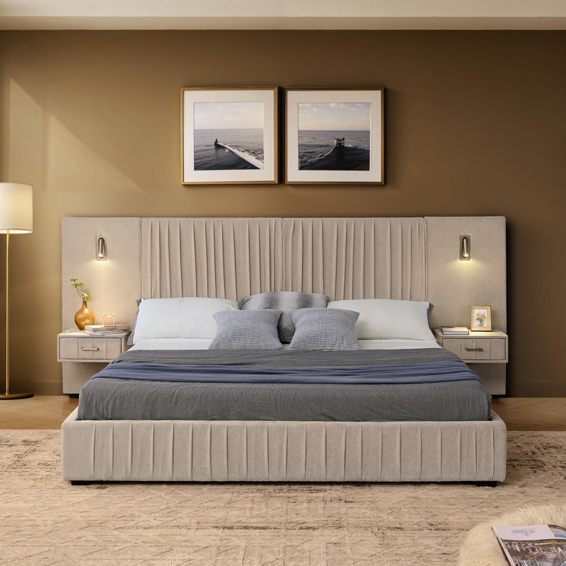 Grand cadre de lit tapissier avec tête de lit, Beige, Grand lit