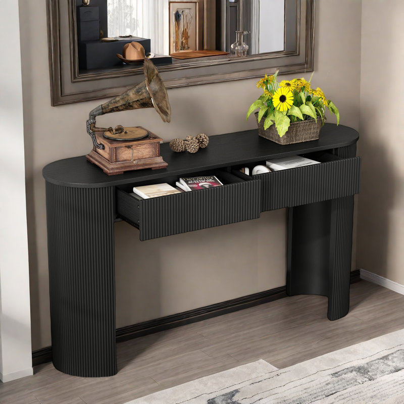 Console moderne avec plateau ovale, 2 tiroirs et design cannelé, Noir, noir, noir, noir