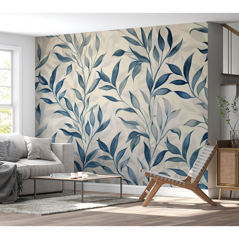 Adhésif mural pelez et collez - Feuilles en bleu, L 41 po x l 57 po