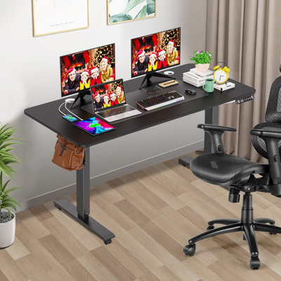 Bureau debout à hauteur ajustable électrique Hubing avec 2 ports USB et 3 prises de courant, 4 roulettes verrouillables, 2 crochets, grand tapis de souris