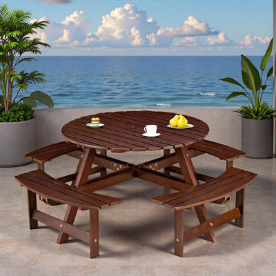 Outdoor 8-person Picnic Table With 4 Built-in Benches And Umbrella Hole