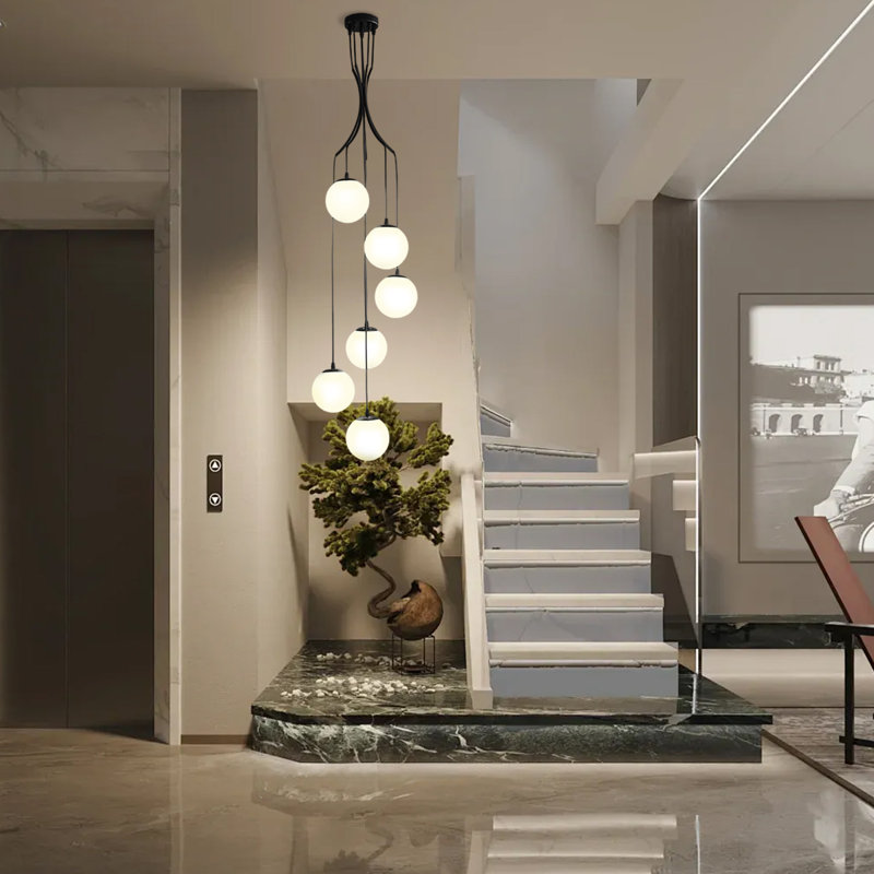 Luminaire suspendu Cluster pour escalier haut de plafond, Six lumières, H 118,11 po x l 24 po x P 24 po
