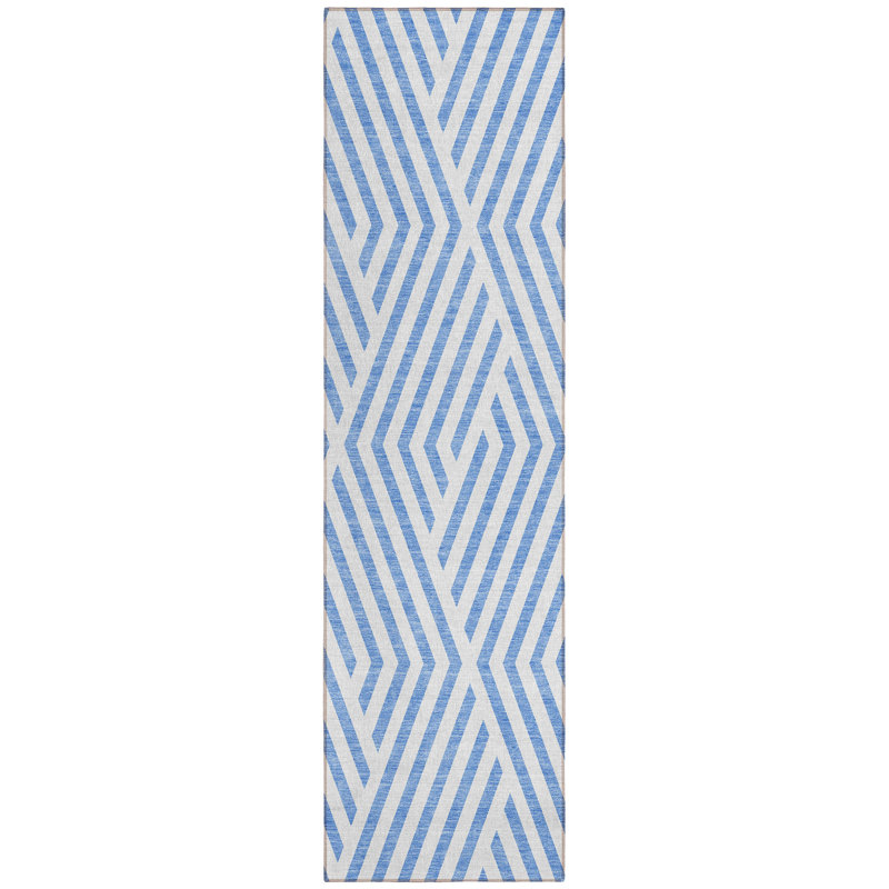 HomeRoots 8' Blue And Ivory Geometric Washable Indoor Outdoor Runner Rug