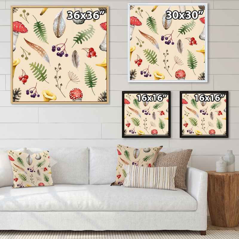 Forêt sauvage, herbes et champignon sur beige - Peinture sur toile, Cadre blanc, H 17 po x l 17 po x P 1 po