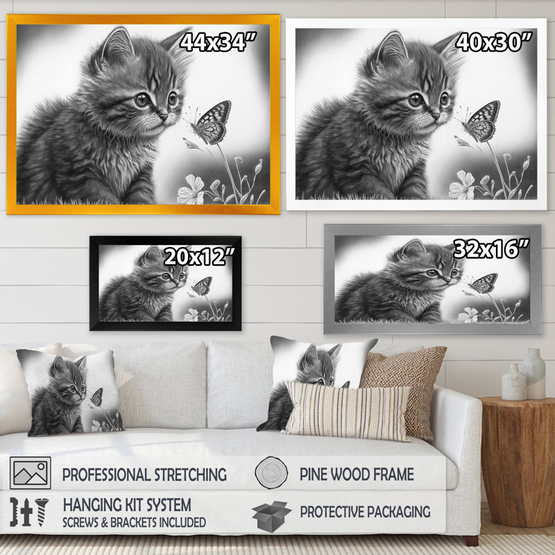 Art numérique sur toile, "Petit chaton avec papillon IV", Cadre noir, L 20 po x H 12 po