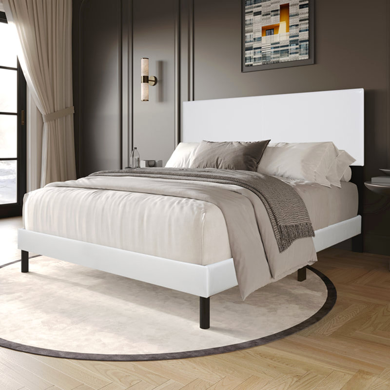 Base de lit plateforme moderne en polyuréthane avec tête de lit, base en lattes de bois naturel, pas de sommier tapissier, fabrication robuste et silencieuse, mobilier de chambre contemporain minimaliste, assemblage facile
