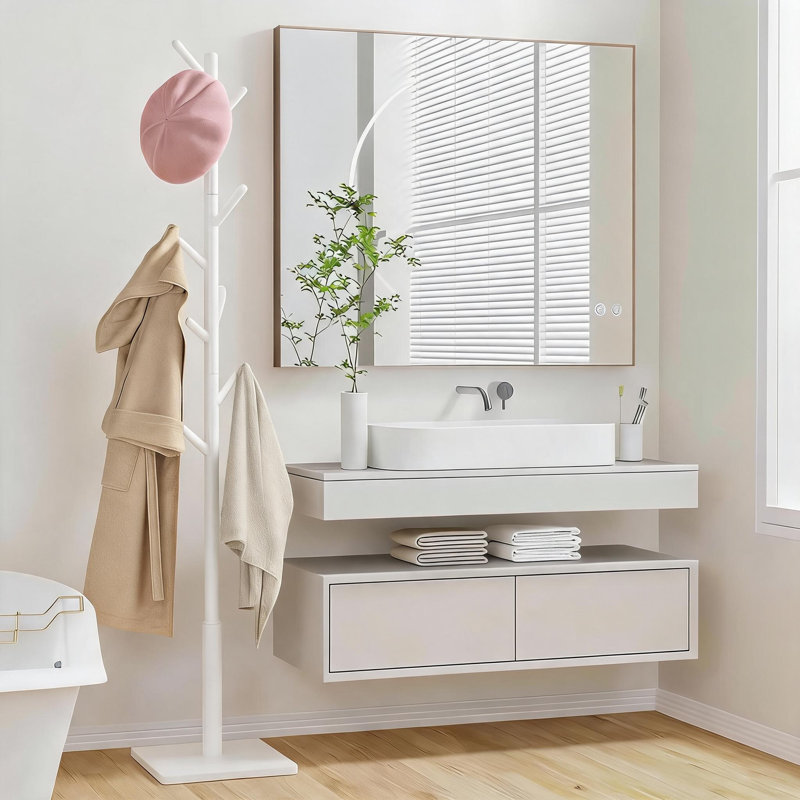 This White, Sturdy Floor-Standing Coat Rack Features A Solid Square Base And Eight Built-In Hooks. Easy To Assemble, It's Suitable For Bedrooms, Entryways, And Offices For Storing Coats And Hats.