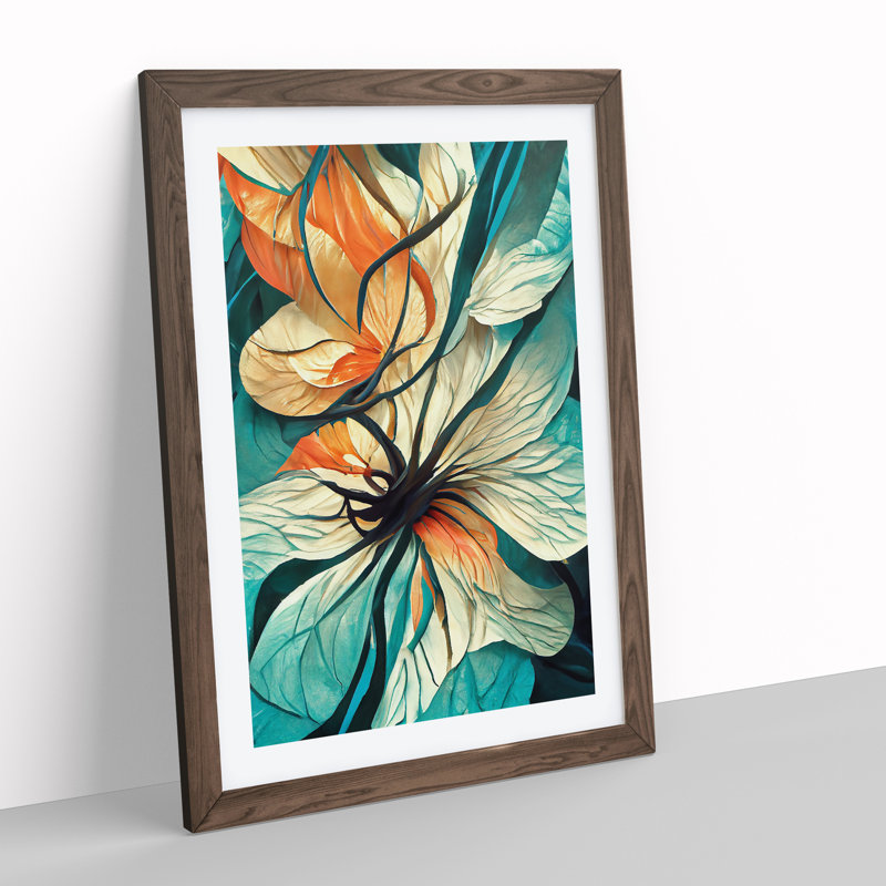 Beautiful Abstract Floral No.1 - Wall Art, 48cm H x 36cm W x 3cm D, Walnut Framed Paper, White