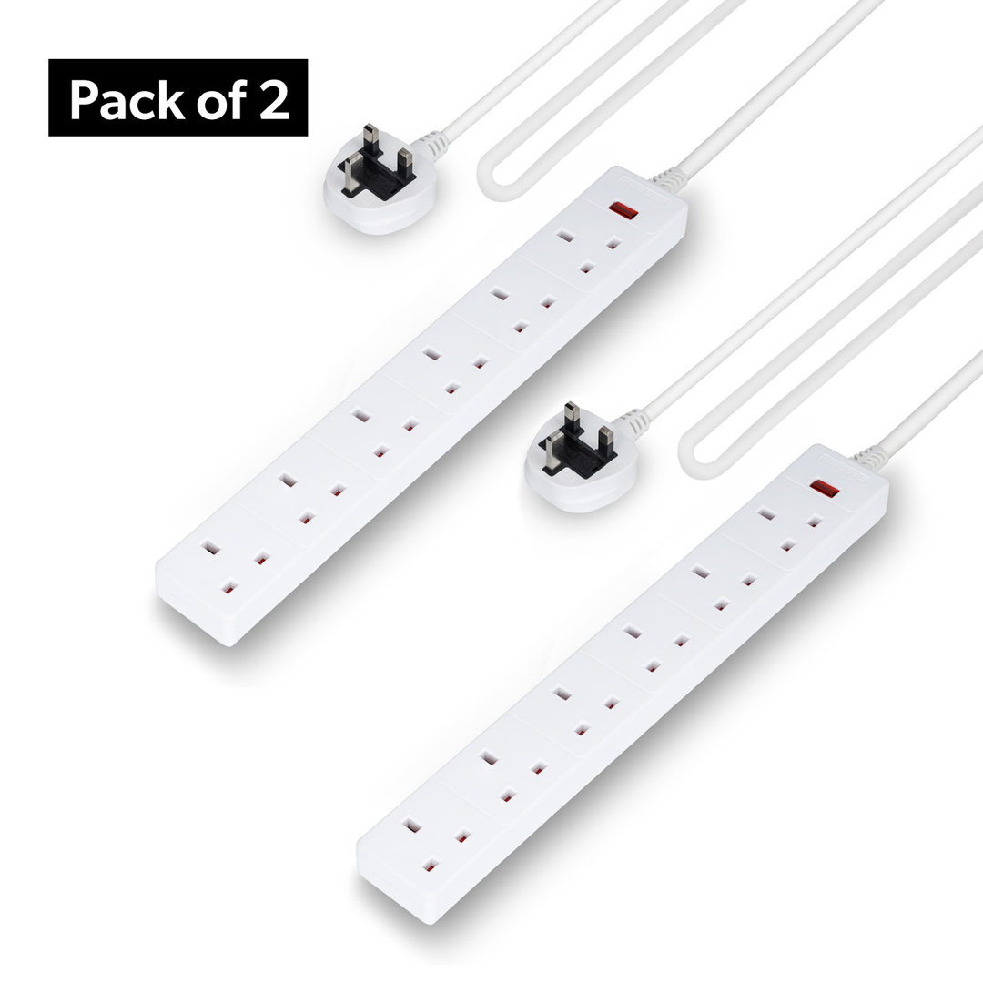 Geepas 6 Gang Extension Lead, 2M Cable Wall Mountable Pack of 2 in White - Image 5