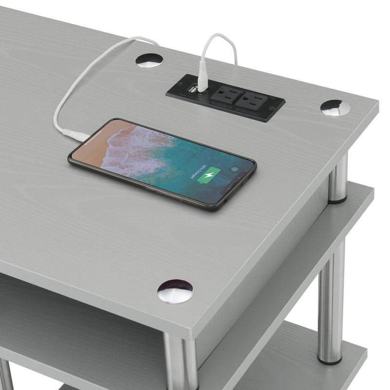 Bureau d'ordinateur Edwin No Tools avec prises intégrées, gris