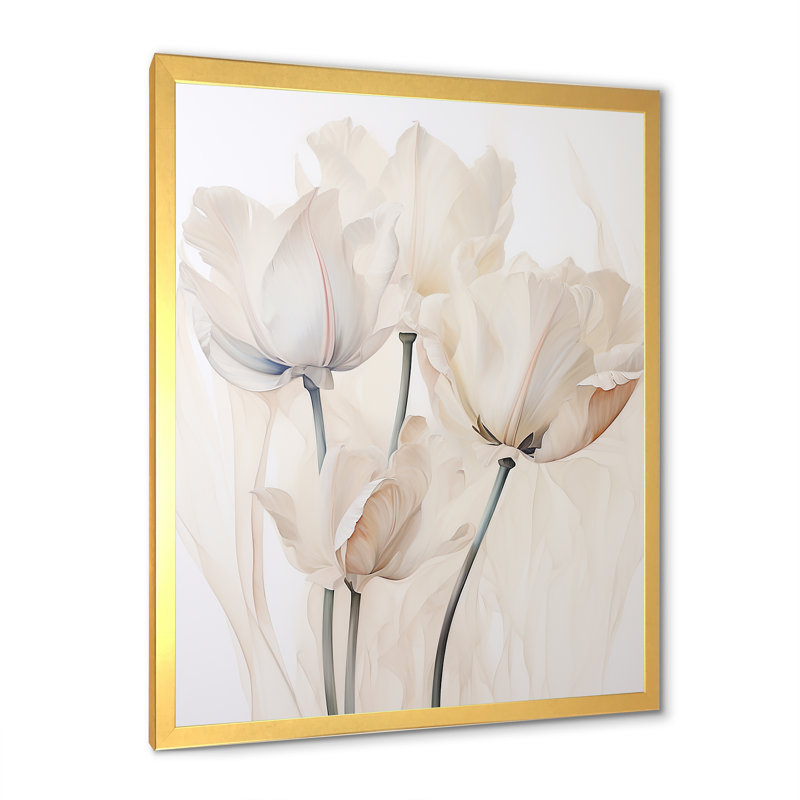 «Minimalisme beige tulipes symphonie I sur toile», Cadre doré simple, H 32 po x l 24 po x P 1 po