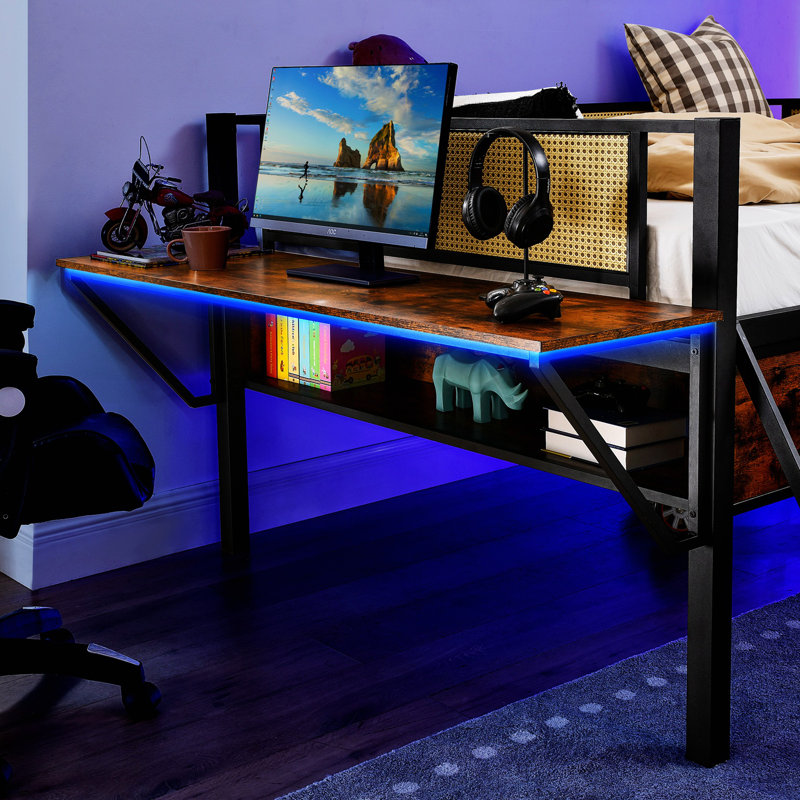 Metal Loft Bed With Rectangular Desk, Led Loft Bed Frame Double Bed With Storage Shelves, Safety Guard And Ladder, Twin