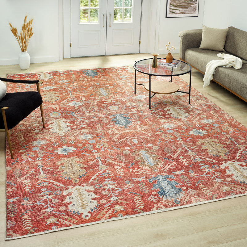 Aldora Ember Red Bloom Power-Loomed Cotton Area Rug, Rectangle 5'6" x 8'6"