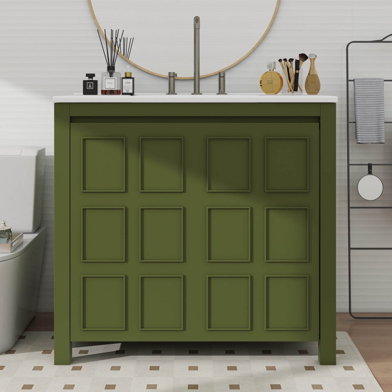 Ensemble de rangement pour meuble-lavabo 36 po avec lavabo en céramique, Vert olive