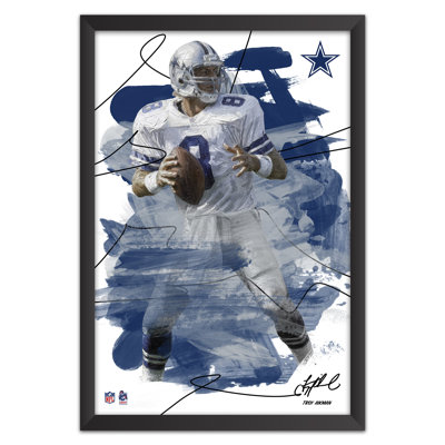 Sporticulture NFL Dallas Cowboys Troy Aikman 08 Brush Stroke Framed Wall Art, Football Legend Poster Decor, 14 x 20 Inch Fan Cave Artwork