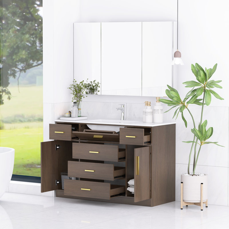 Meuble-lavabo autoportant moderne moderne de 48 pouces avec lavabo simple en résine, avec 6 tiroirs à fermeture douce, 2 portes
