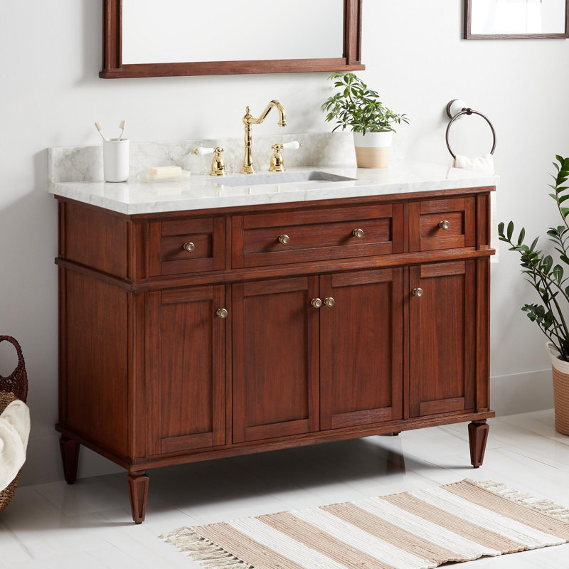 Elmdale 48" Freestanding Mahogany Single Vanity Rectangular Undermount Sink, Dark Olive Green, Carrara Marble, 8" Widespread
