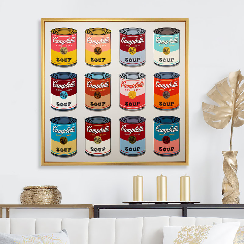 Pop Art Soup Collage III - Art mural lait, Cadre flottant doré, H 36 po x l 36 po x P 1,5 po