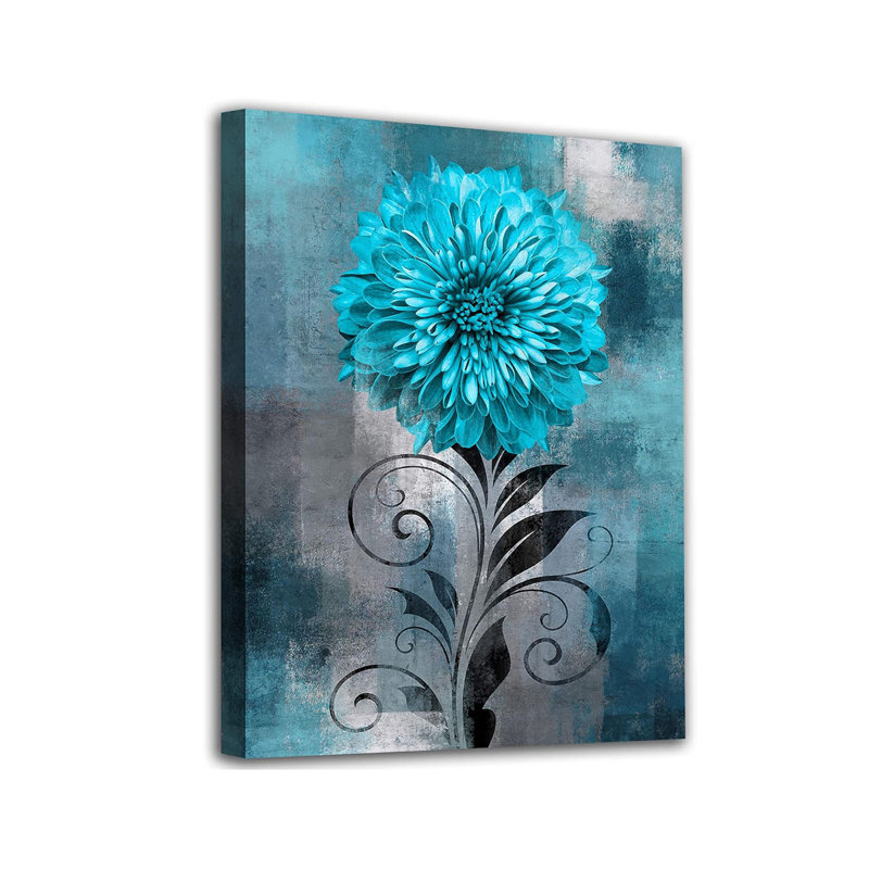 Abstract Flowers Wall Art Teal Flower Canvas Pictures Rustic Blossom Canvas Painting For Bedroom Bathroom Wall Decor Modern Teal Grey Canvas Prints Contemporary Botanical Wall Art 12" X 16"